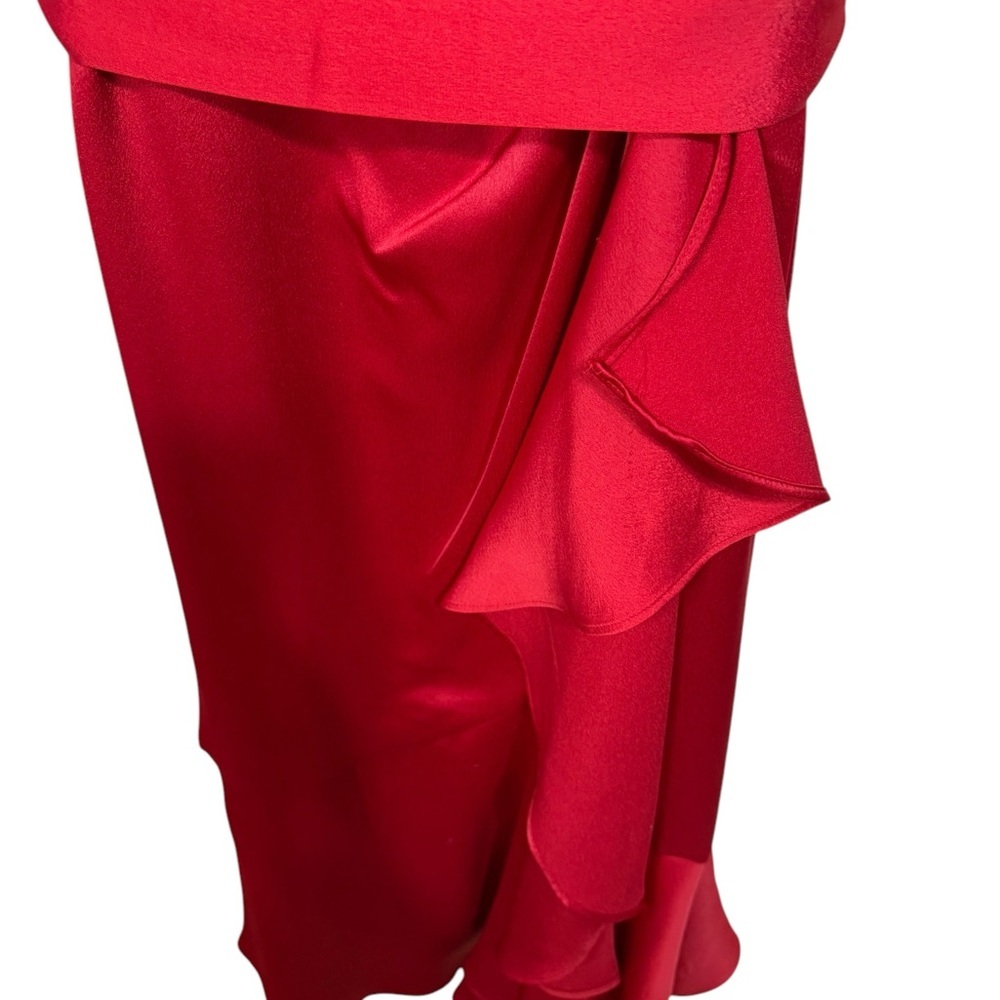 Women's V neck Ruffle Front Red Satin Crepe belted Gown 
Size 8 - Picture 11 of 11